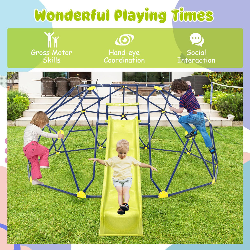 Costzon Kids Climbing Dome with Extended Wavy Slide, 13.3FT Kids Jungle Gym Monkey Bar for Outdoor, Indoor Geometric Dome Climber Playground, Climbing Toys for 3-10 Boys Girls Backyard Gift