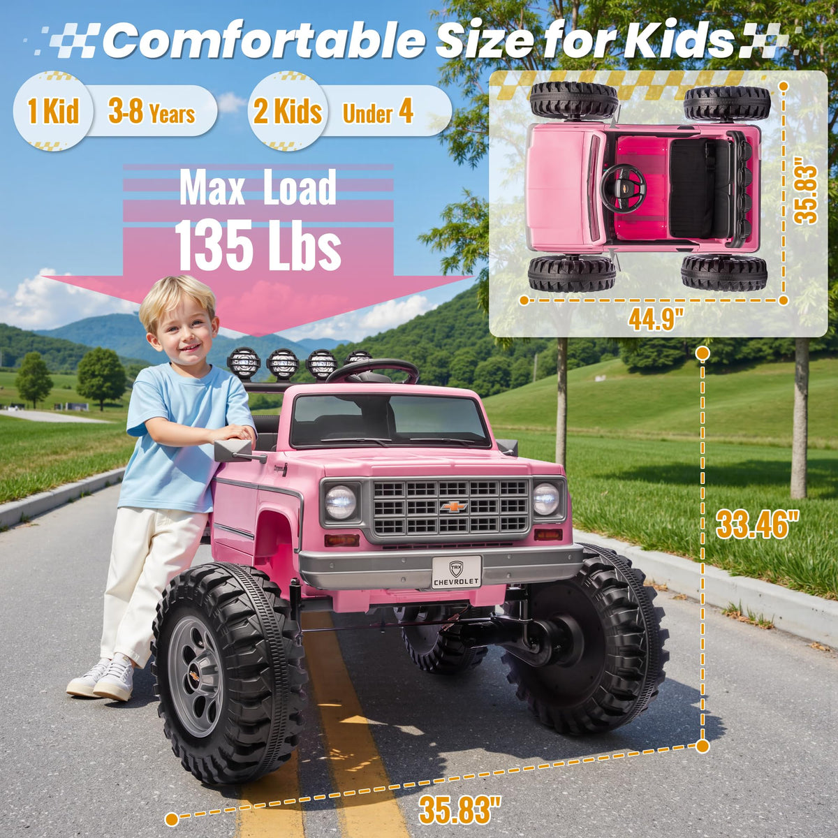 24V Ride on Licensed Chevrolet Monster Truck w/4X200W Motors（4WD）, Remote Control, Decoration Streamer, 24 Volt Ride on Toys Power Big Wheels for Big Kids, Pink