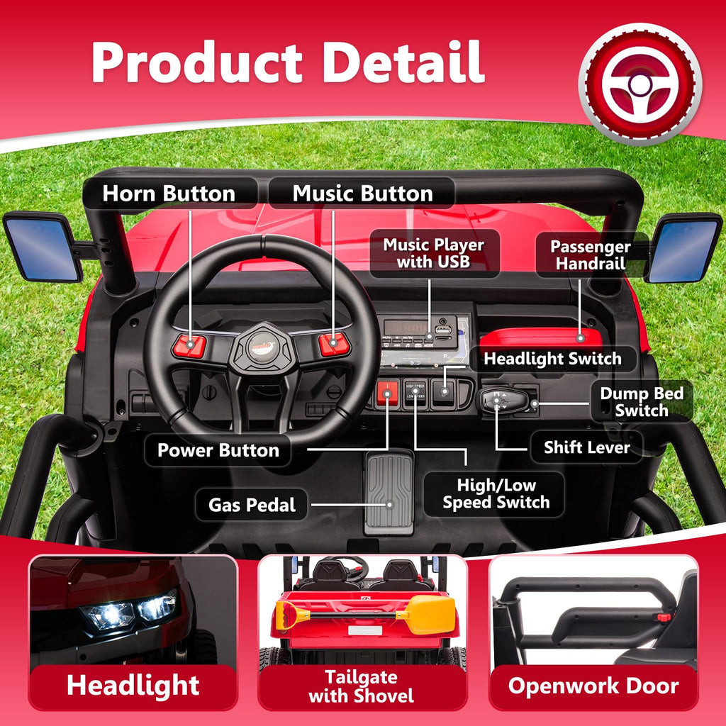 24V Ride on Toys for Kids 4-8, 2 Seater Electric Car with Dump Bed, Red