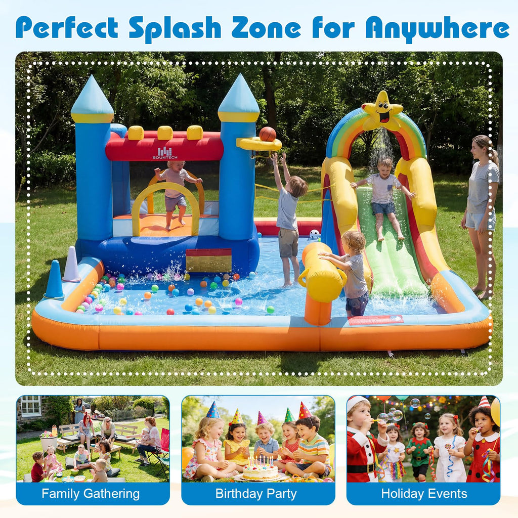 BOUNTECH Inflatable Bounce House Water Slide, Water Bounce House Jump Castle for Kids 3-12 Indoor, Splash Pool, Basketball Hoop, Backyard Fun Water Toys, Blow Up Bouncy Castle with Blower for Outdoor