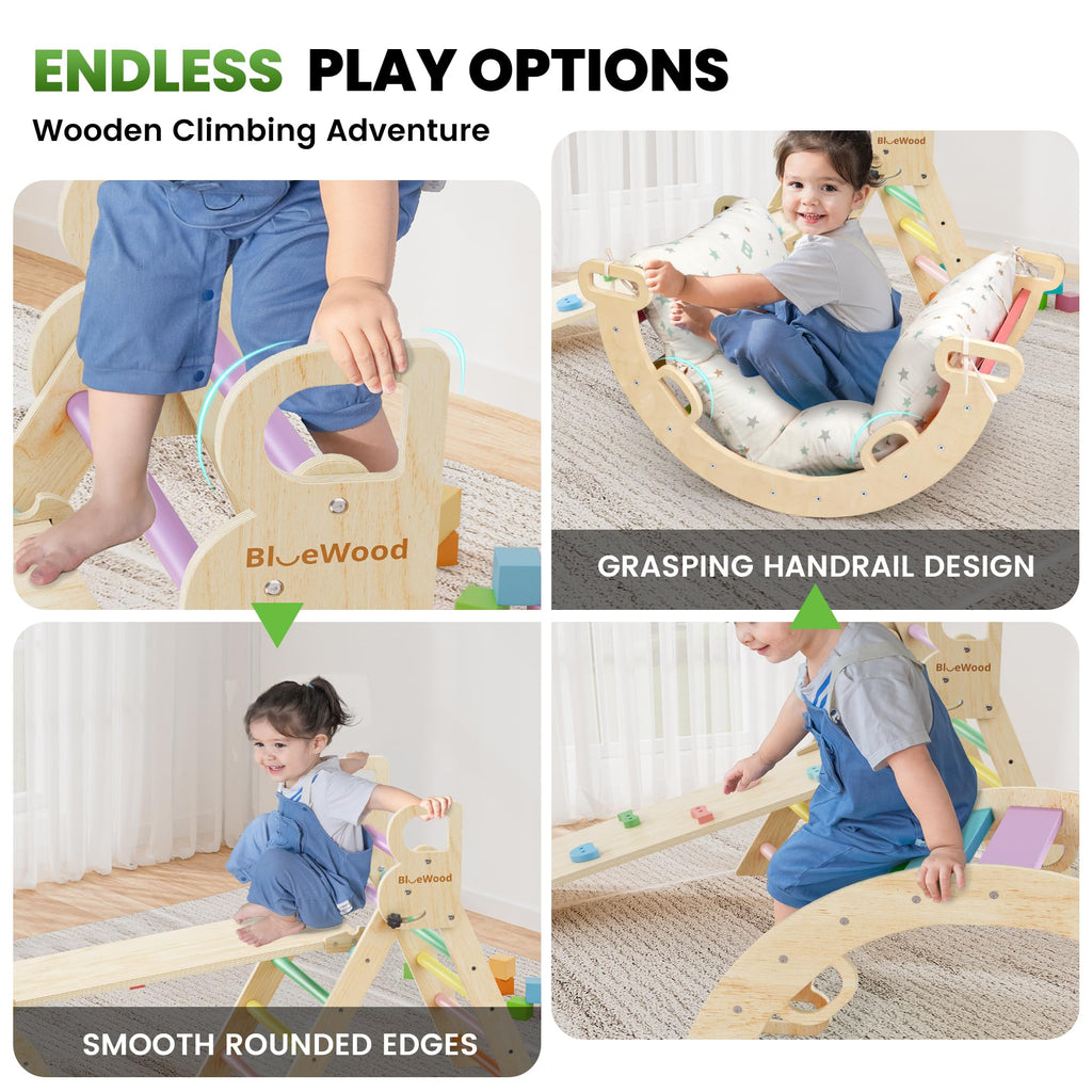 BlueWood Pikler Triangle Set with Cushion, Wooden Climbing Toys for Toddler