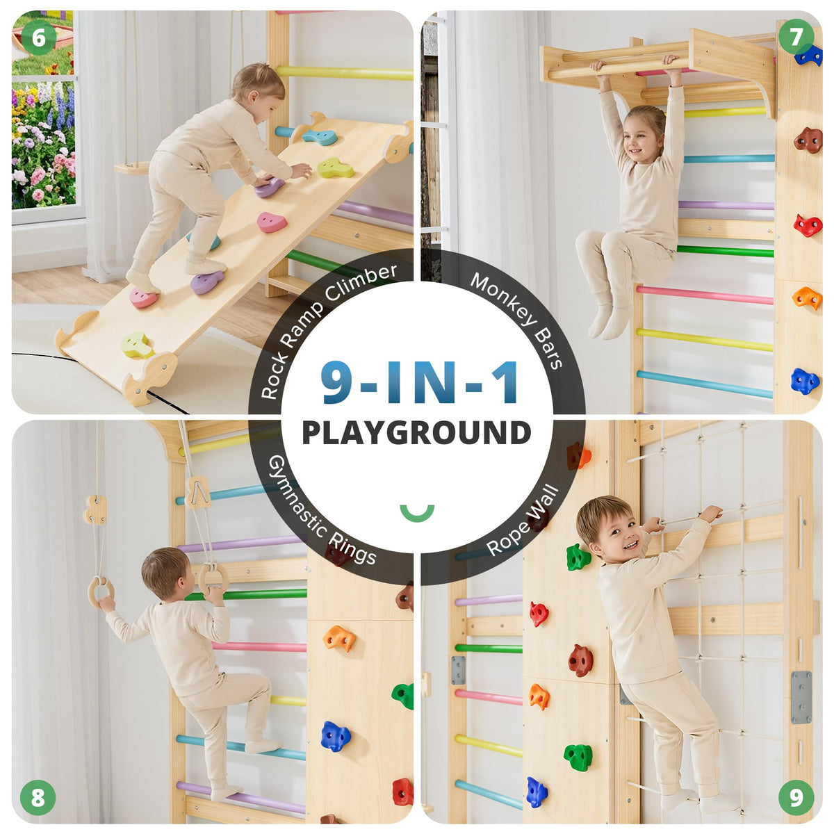 BlueWood 9-in-1 Swedish Ladder Rock Climbing Wall for Kids, Rainbow