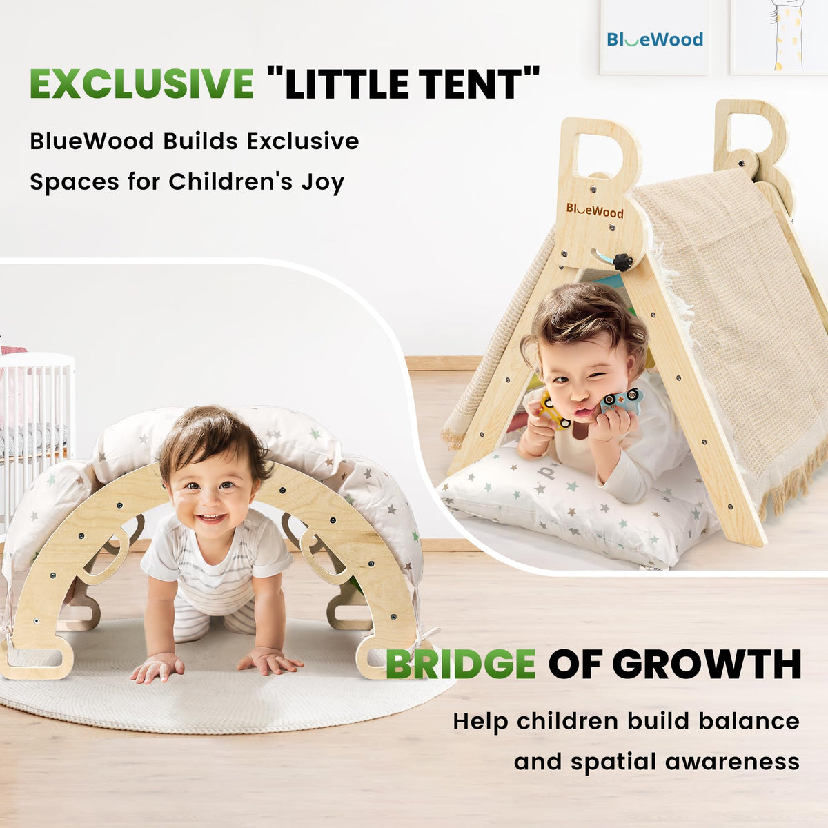 BlueWood Pikler Triangle Set with Cushion, Wooden Climbing Toys for Toddler