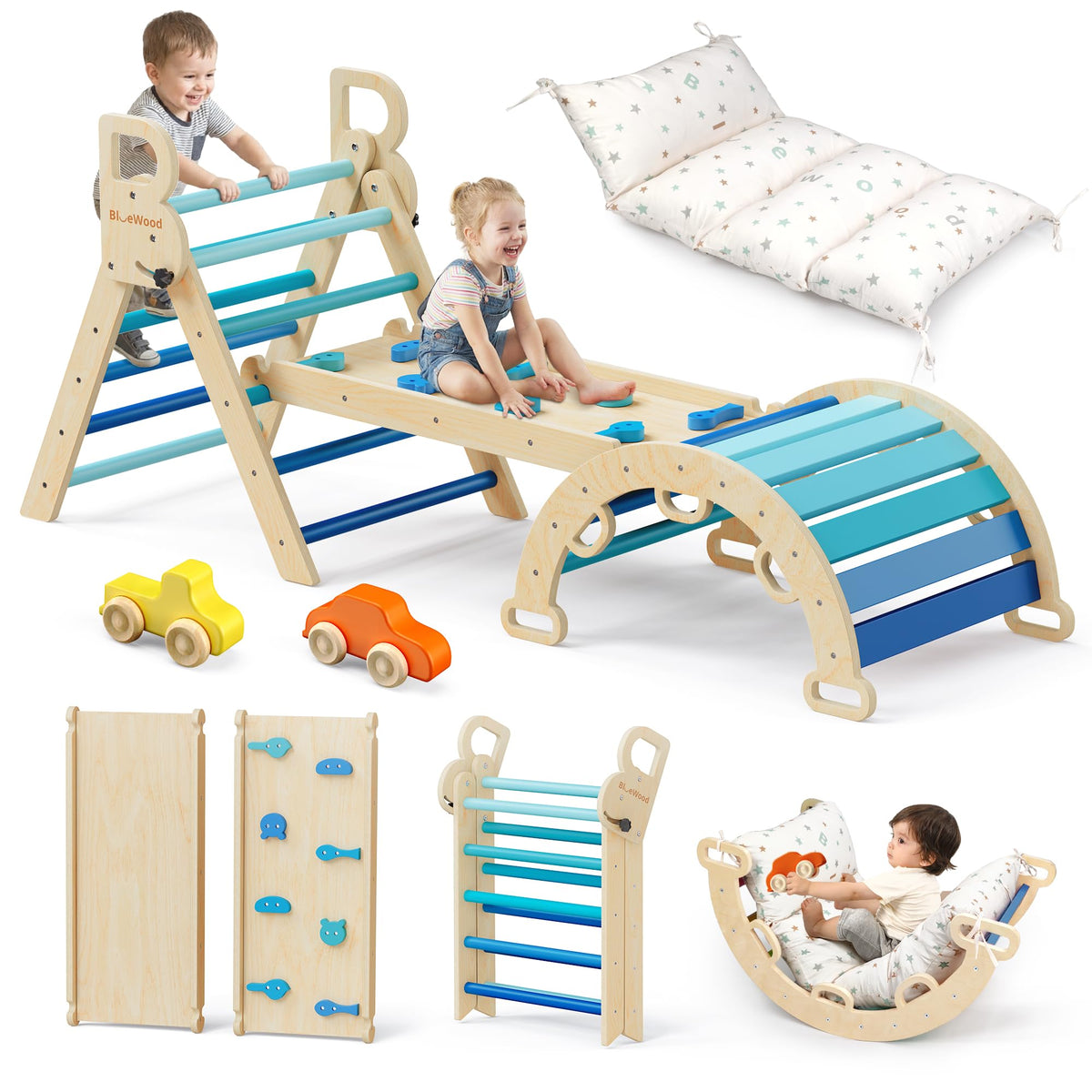 BlueWood Pikler Triangle Set with Cushion, Wooden Climbing Toys for Toddler