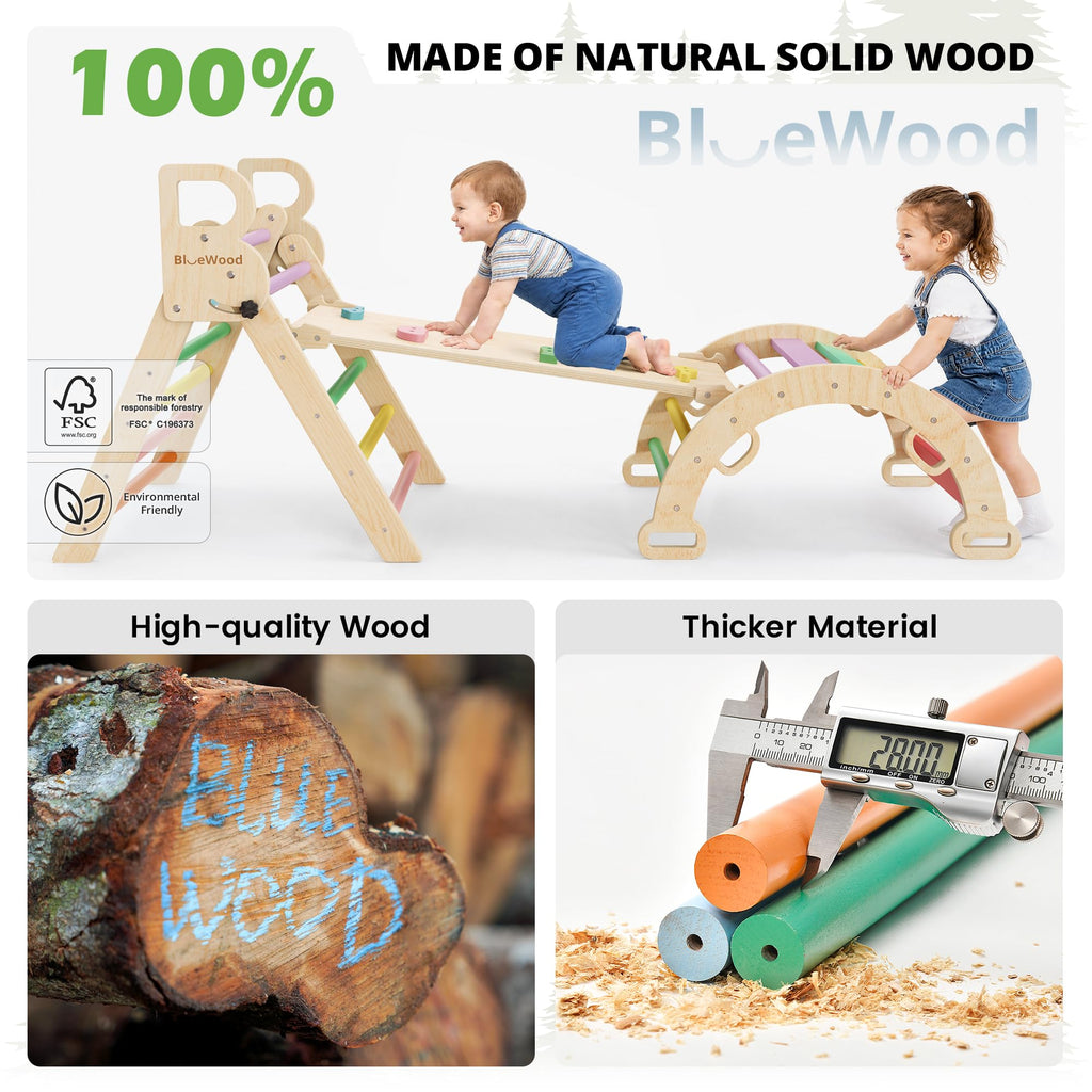 BlueWood Pikler Triangle Set with Cushion, Wooden Climbing Toys for Toddler