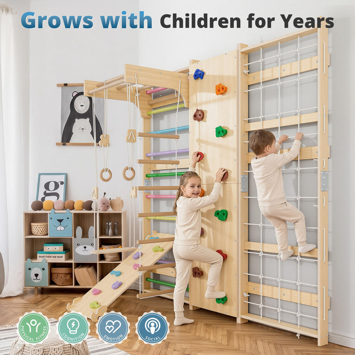 BlueWood 9-in-1 Swedish Ladder Rock Climbing Wall for Kids, Rainbow