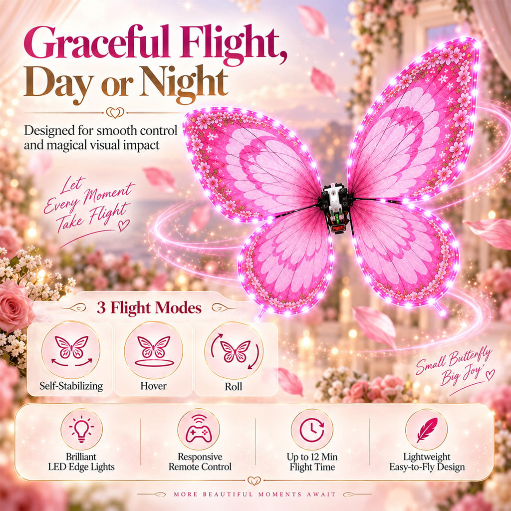 Bionic Flying Butterfly for Weddings, RC Flapping Wing Butterfly Toy with LED Lights, Realistic Display Prop for Wedding Events, Concerts, Parties and Hobby Collectors (B09)