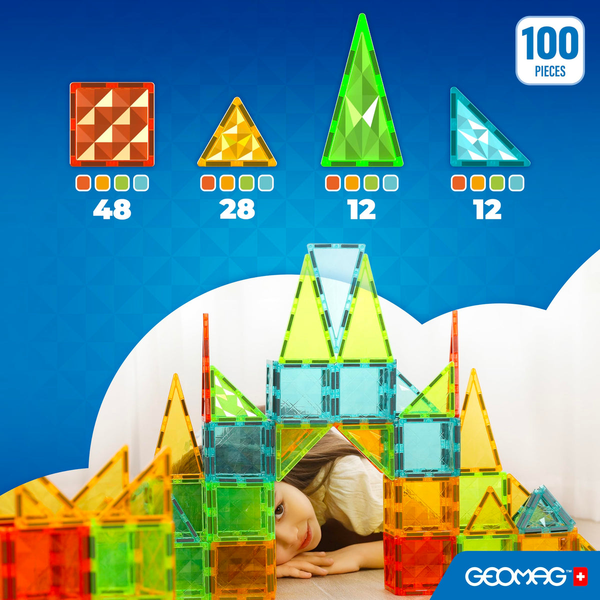 Geomag Magnetic Tiles Gems 100 - Magnetic Buildings 100 Pieces 3D Panels - Educational Blocks Magnets Set Toys for Kids Creativity Montessori for 3+ Years