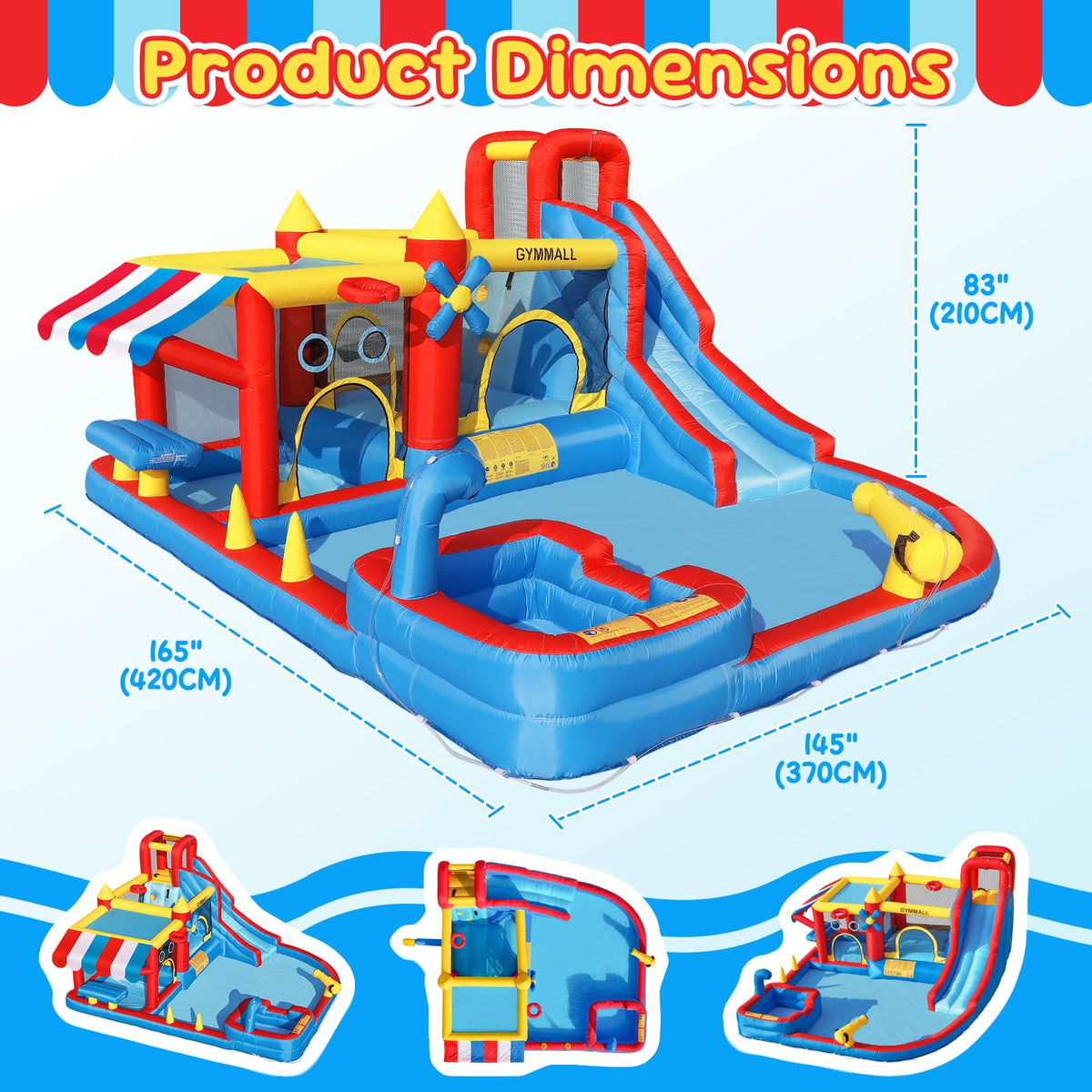 Inflatable Bounce House Water Slide with 550 W Blower, Blow up 10-in-1 Waterslide Park Bouncy Castle Outdoor and Indoor, Bouncer House with Toy Market Stand, Splash Pool and Climbing Wall