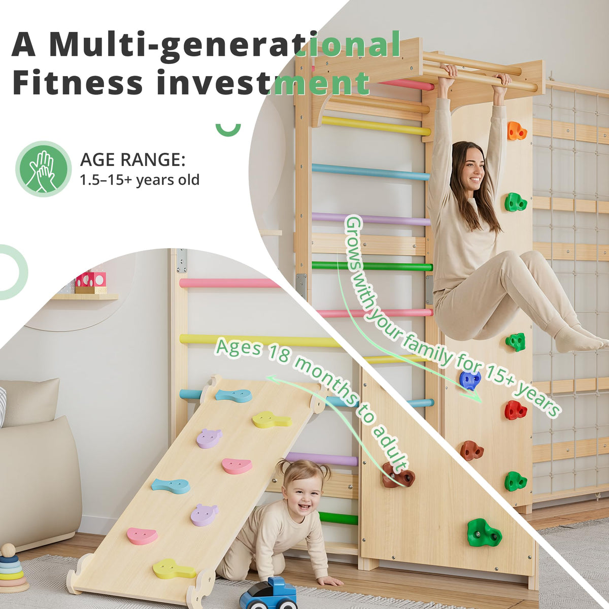 BlueWood 9-in-1 Swedish Ladder Rock Climbing Wall for Kids, Rainbow