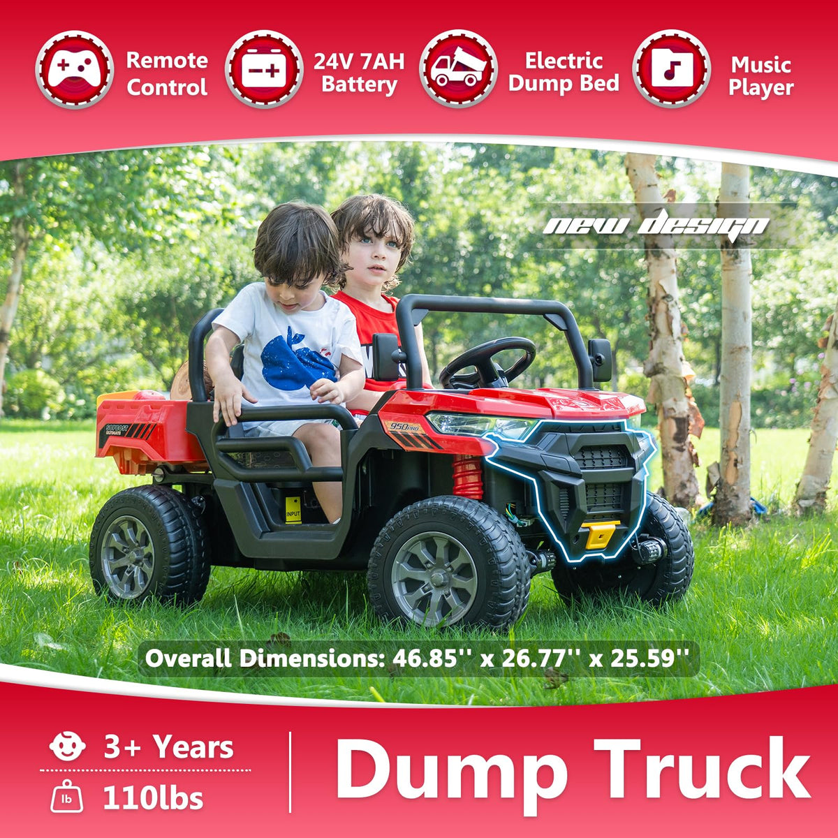 24V Ride on Toys for Kids 4-8, 2 Seater Electric Car with Dump Bed, Red