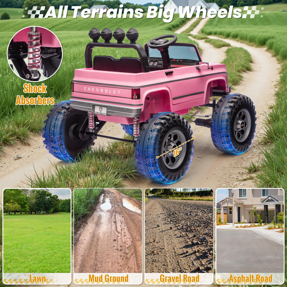 24V Ride on Licensed Chevrolet Monster Truck w/4X200W Motors（4WD）, Remote Control, Decoration Streamer, 24 Volt Ride on Toys Power Big Wheels for Big Kids, Pink