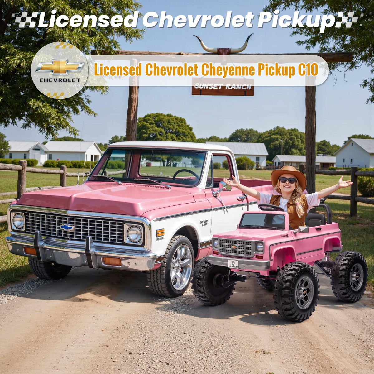 24V Ride on Licensed Chevrolet Monster Truck w/4X200W Motors（4WD）, Remote Control, Decoration Streamer, 24 Volt Ride on Toys Power Big Wheels for Big Kids, Pink