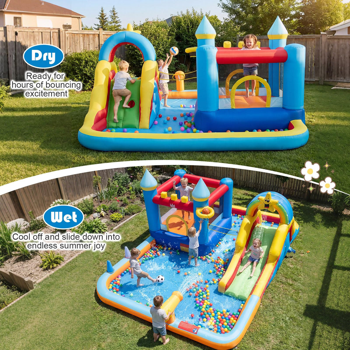 BOUNTECH Inflatable Bounce House Water Slide, Water Bounce House Jump Castle for Kids 3-12 Indoor, Splash Pool, Basketball Hoop, Backyard Fun Water Toys, Blow Up Bouncy Castle with Blower for Outdoor
