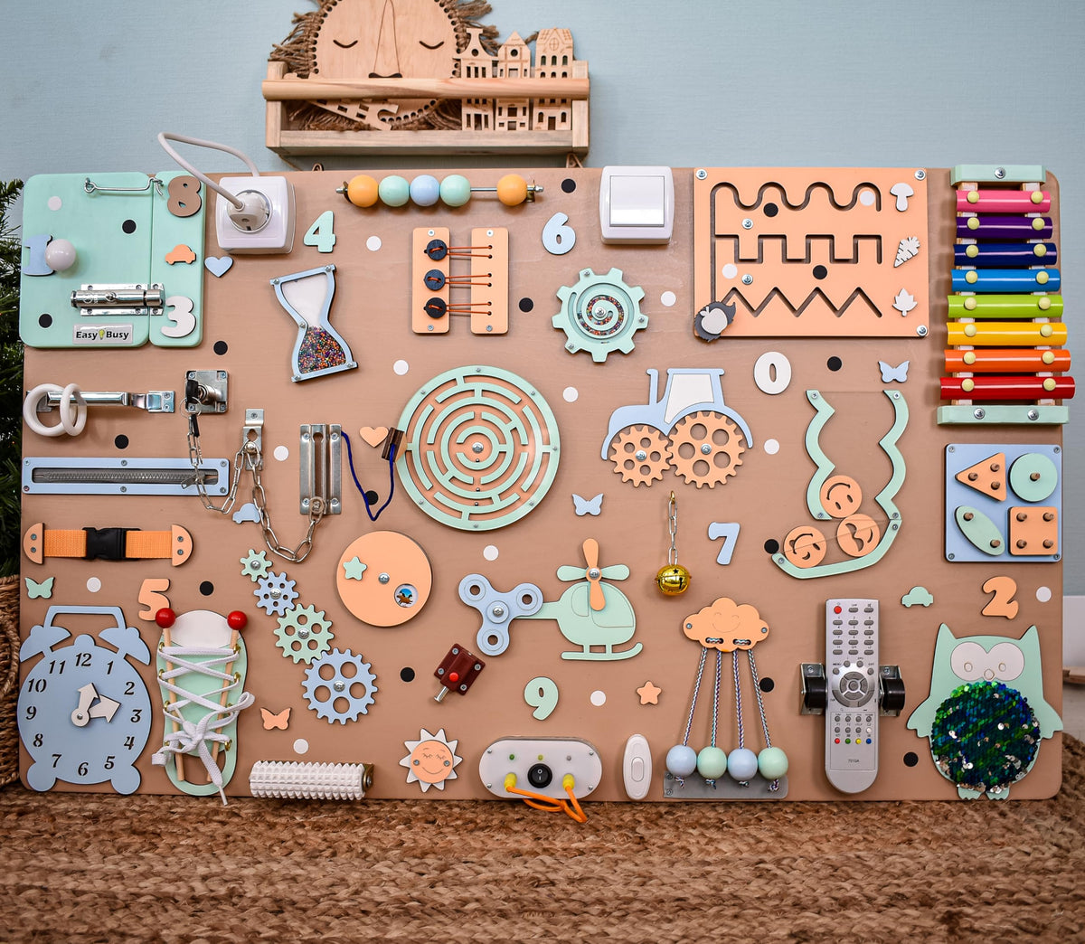 Fidget busy board 1 2 3 Year Old, first birthday gift, sensory activity boards Montessori toys, baby boy girl gifts, toddler wall busyboard