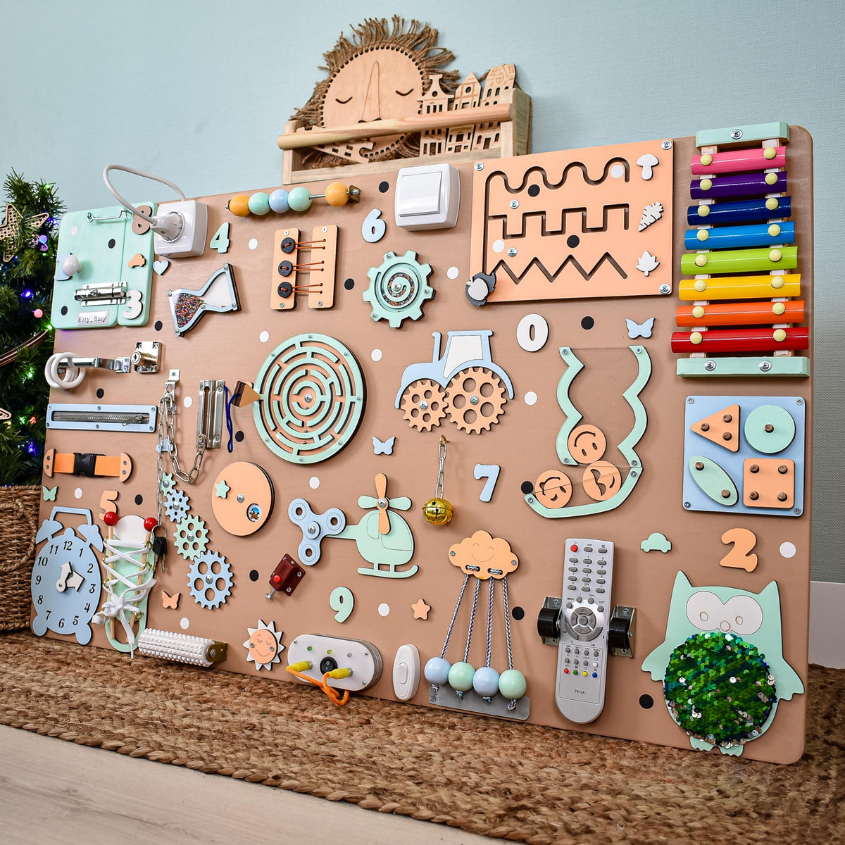 Fidget busy board 1 2 3 Year Old, first birthday gift, sensory activity boards Montessori toys, baby boy girl gifts, toddler wall busyboard