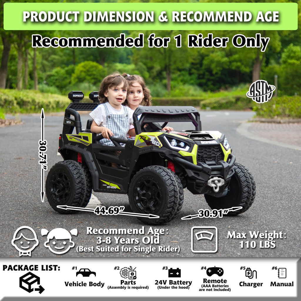 24V Kids Ride On UTV with Remote Control, 2WD/4WD Switchable, Green