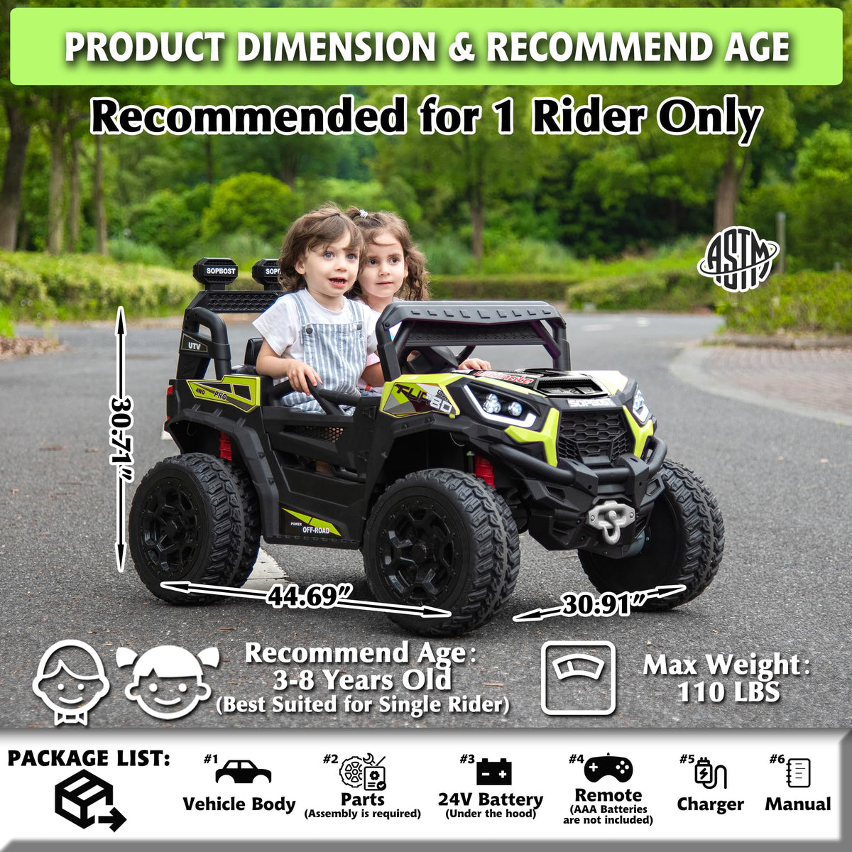24V Kids Ride On UTV with Remote Control, 2WD/4WD Switchable, Green