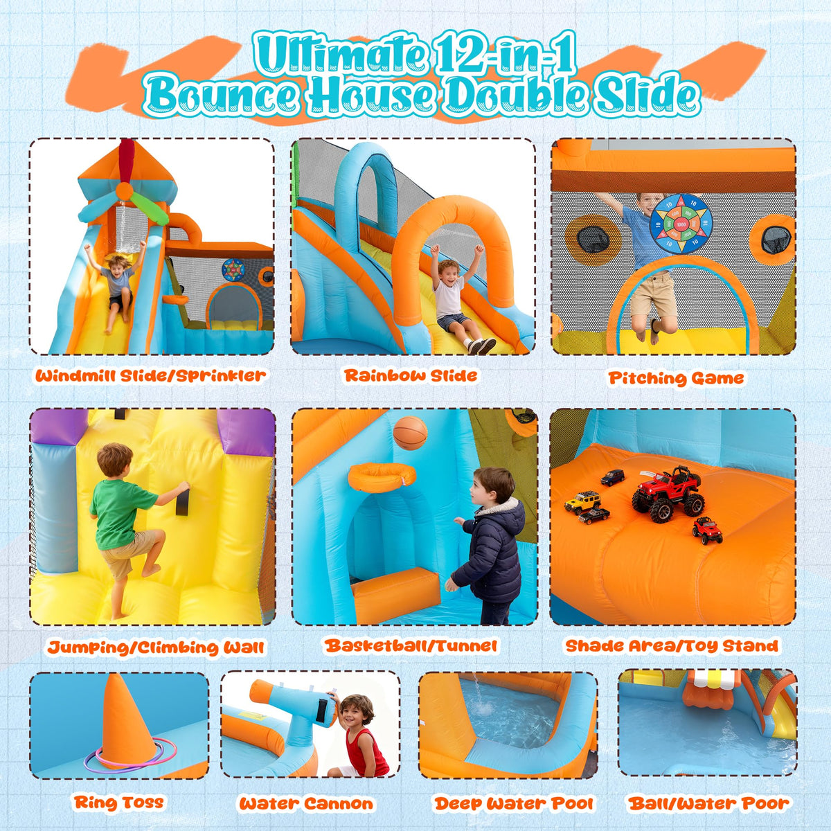 12 in 1 Double Water Slide Bounce House for Big Kids