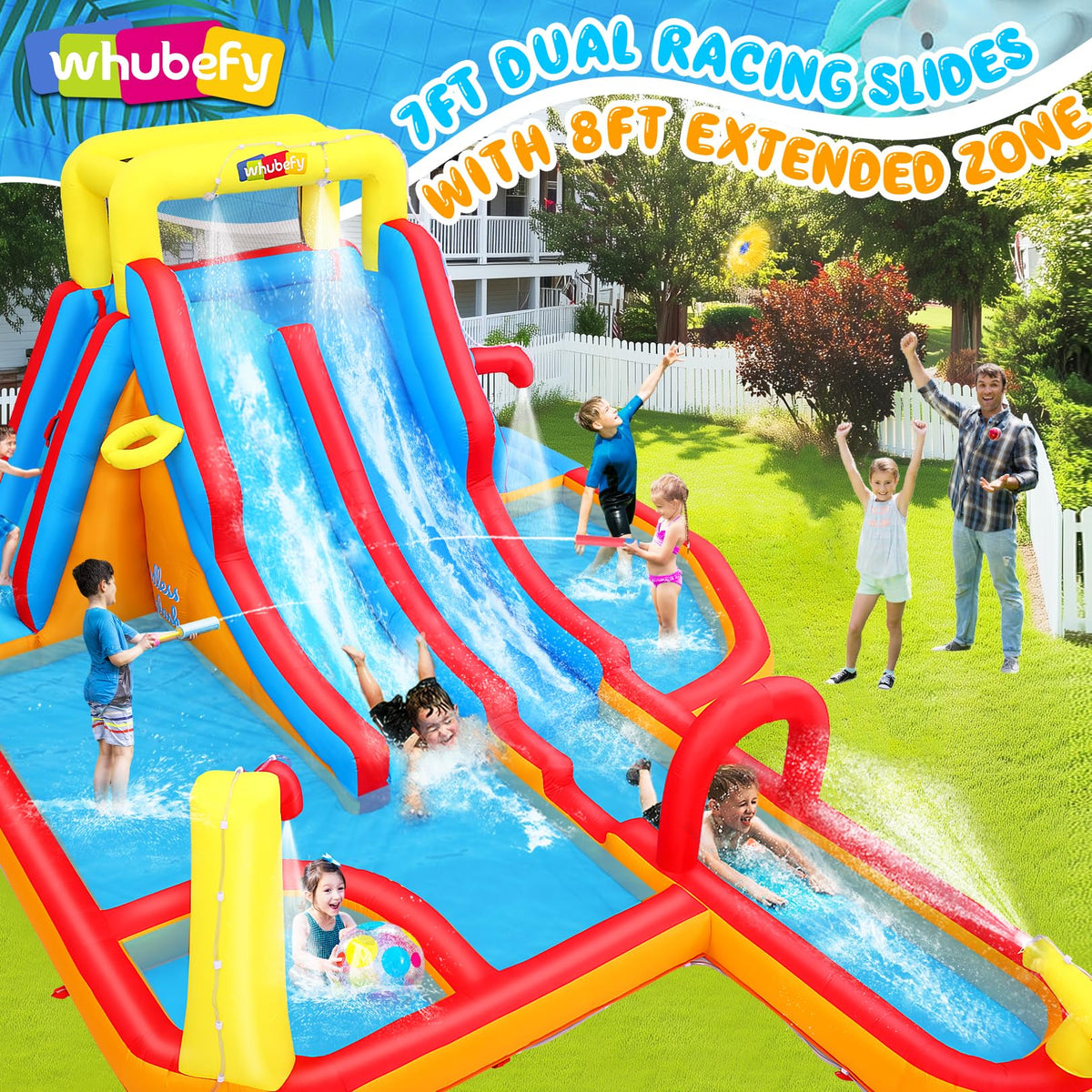 19.2ft Giant Double Lane Inflatable Water Slide for Kids Backyard Blow Up Racing & Climbing Water Park, 17.2ft Extra Long Slide w/Arch, Multi Splash Pool w/Sprinkler, 15pcs Water Battle Toy