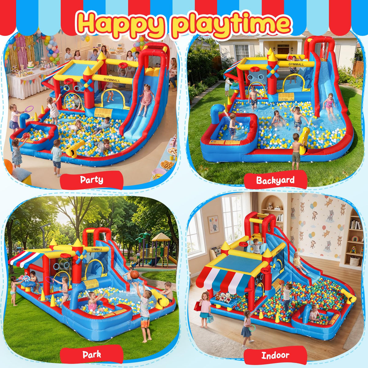Inflatable Bounce House Water Slide with 550 W Blower, Blow up 10-in-1 Waterslide Park Bouncy Castle Outdoor and Indoor, Bouncer House with Toy Market Stand, Splash Pool and Climbing Wall