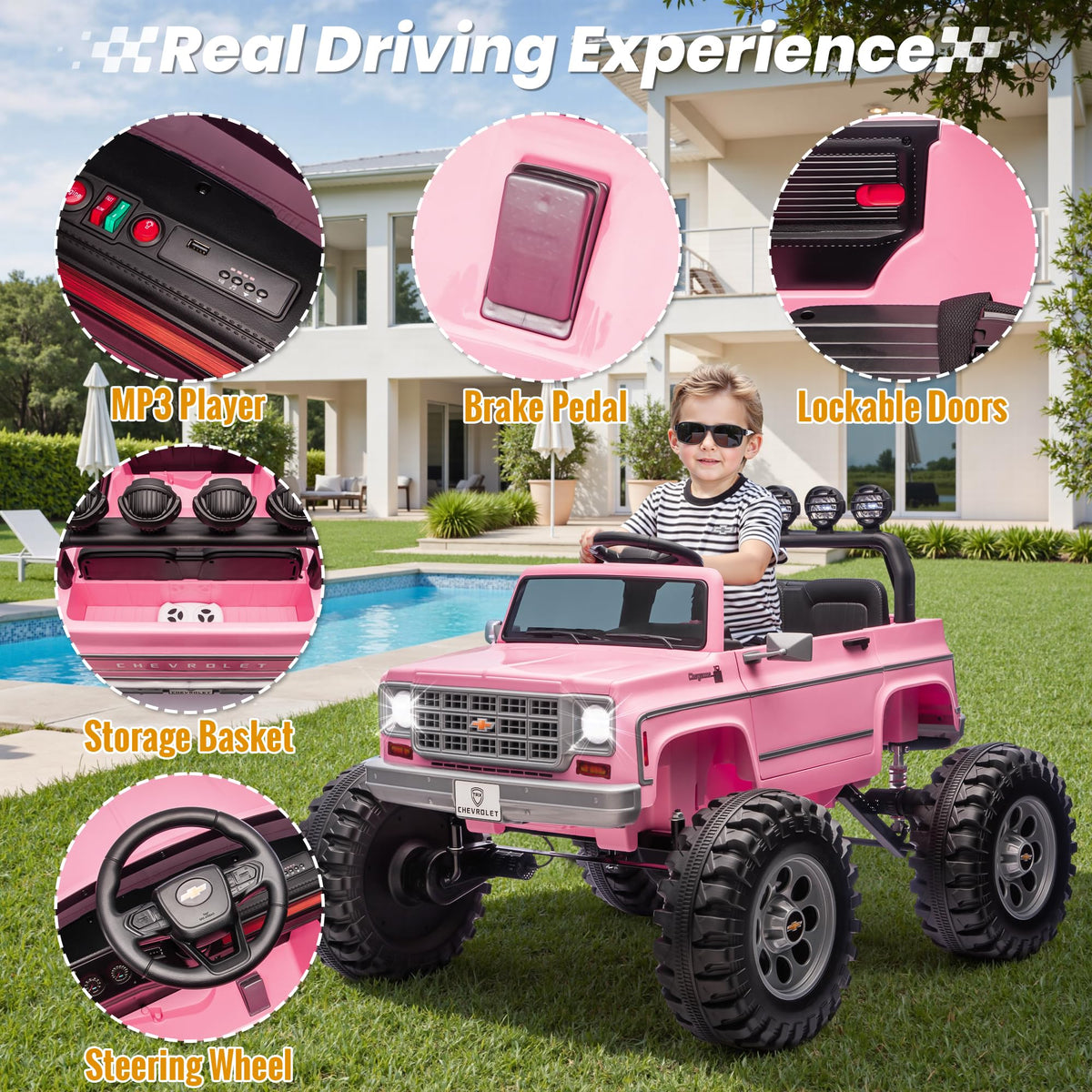 24V Ride on Licensed Chevrolet Monster Truck w/4X200W Motors（4WD）, Remote Control, Decoration Streamer, 24 Volt Ride on Toys Power Big Wheels for Big Kids, Pink