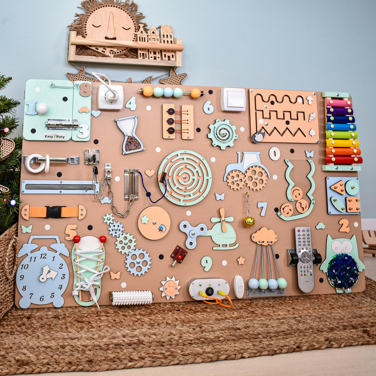 Fidget busy board 1 2 3 Year Old, first birthday gift, sensory activity boards Montessori toys, baby boy girl gifts, toddler wall busyboard
