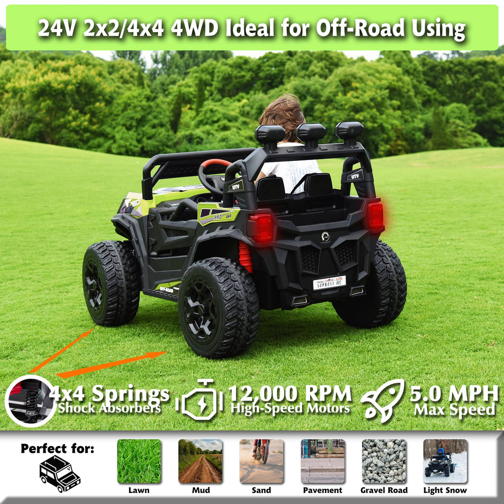24V Kids Ride On UTV with Remote Control, 2WD/4WD Switchable, Green